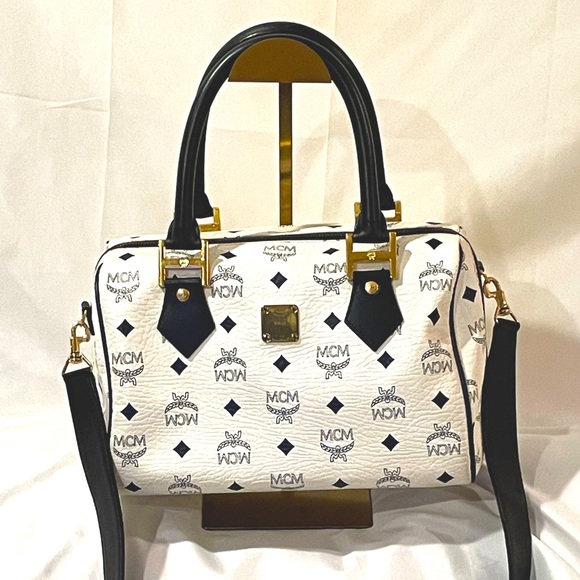 MCM Handbags - Vintage MCM Visetos Navy and White 2–Way Boston Bag